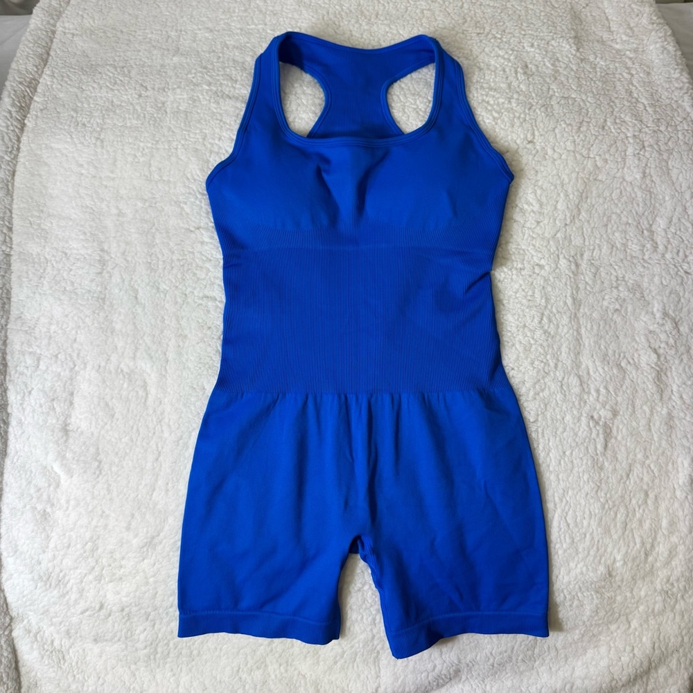 Blue Seamless Athletic‎ Romper Biker Short Jumpsuit Racerback Open Back M